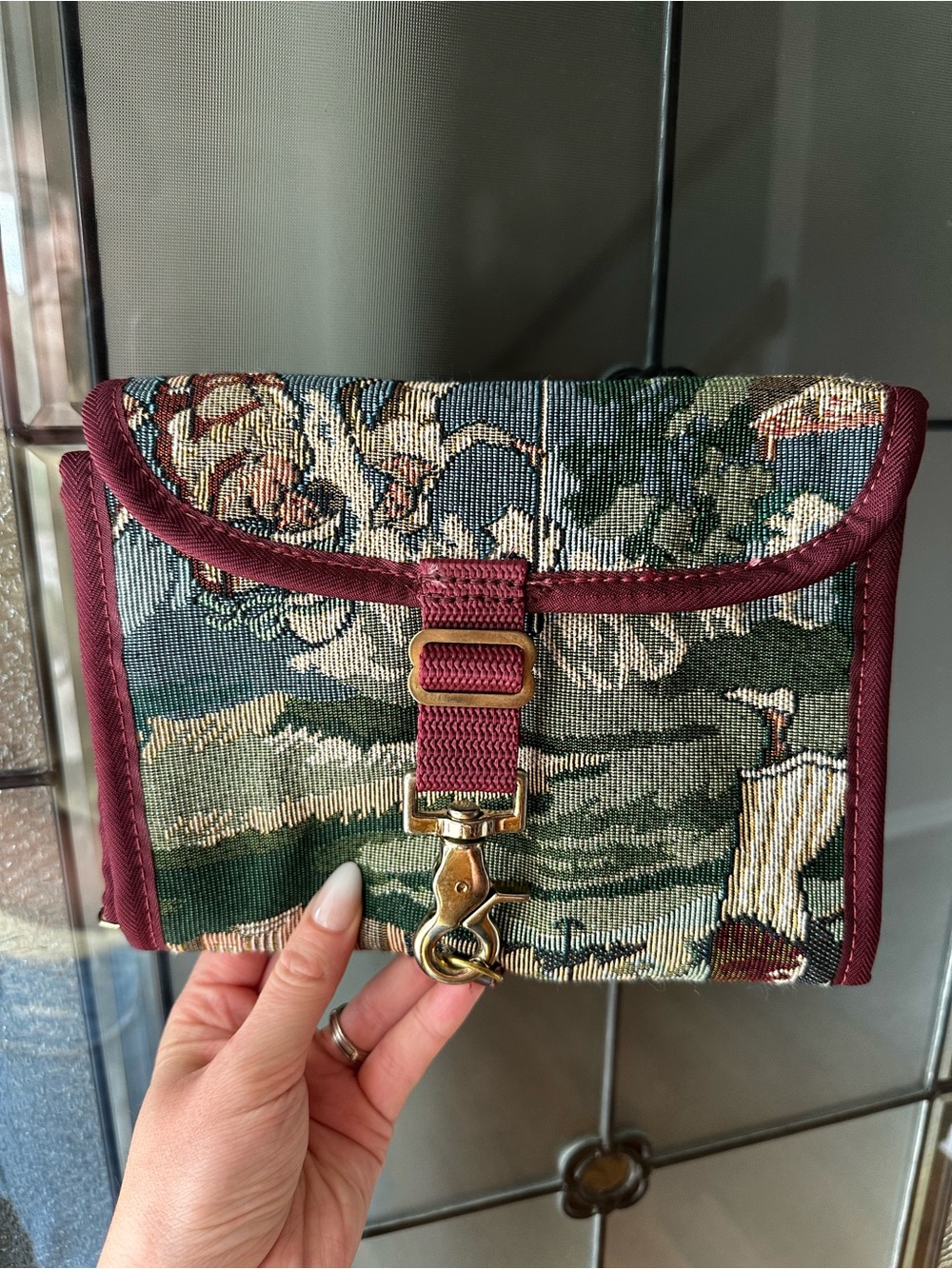 Vintage Floral Tapestry Garment Bag with Burgundy Trim